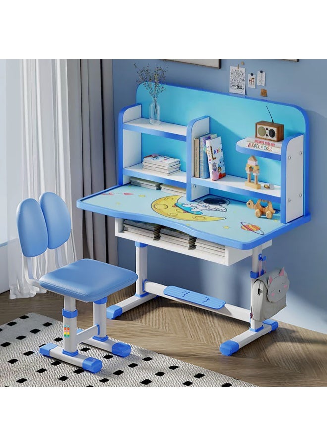 Generic Kids Study Desk and Chair Set, Ergonomic Student Writing Desk Study Table with Bookshelf and Storage Drawer for Home Learning, Height Adjustable, Space Theme, RB-87 (Blue)  - Image 1