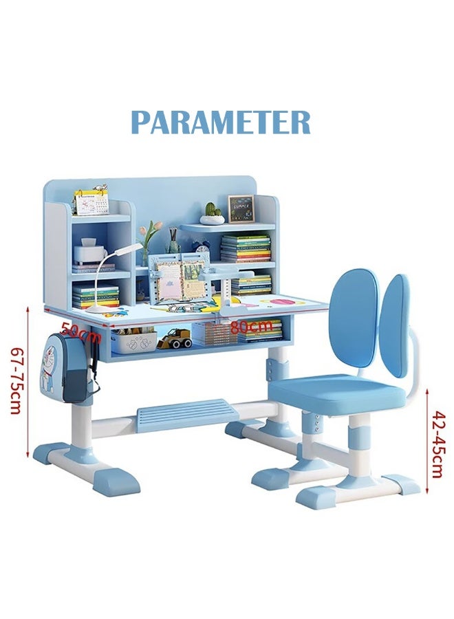 Generic Kids Study Desk and Chair Set, Ergonomic Student Writing Desk Study Table with Bookshelf and Storage Drawer for Home Learning, Height Adjustable, Space Theme, RB-87 (Blue)  - Image 2