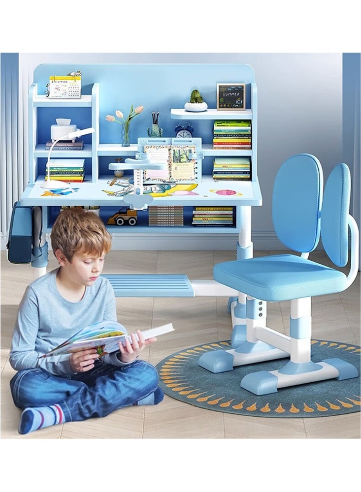 Generic Kids Study Desk and Chair Set, Ergonomic Student Writing Desk Study Table with Bookshelf and Storage Drawer for Home Learning, Height Adjustable, Space Theme, RB-87 (Blue)  - Image 3
