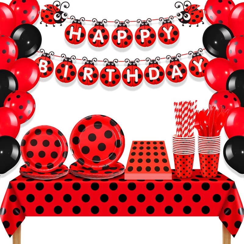 Sumind 200 Pcs Ladybug Birthday Party Decorations Set Ladybug Themed Party Supplies Balloon Tableware Happy Birthday Banner Dot Tablecloth Cup Straw Napkin Baby Shower Decor51 x 86 InchClassic - Image 2