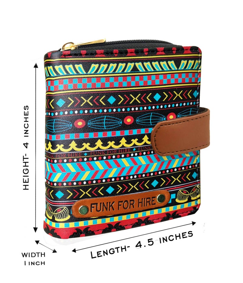 Funk For Hire Women’s Printed Black Vegan Leather Square Wallet with 6 Card Slots, Cash Compartment, Zippered Coin Pouch, Magnetic Closure, Compact Two Fold Design, Handcrafted in India - Image 2
