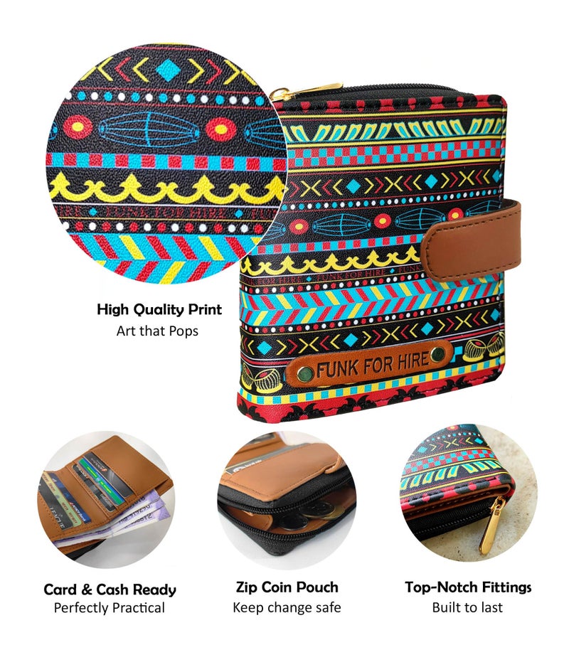 Funk For Hire Women’s Printed Black Vegan Leather Square Wallet with 6 Card Slots, Cash Compartment, Zippered Coin Pouch, Magnetic Closure, Compact Two Fold Design, Handcrafted in India - Image 3