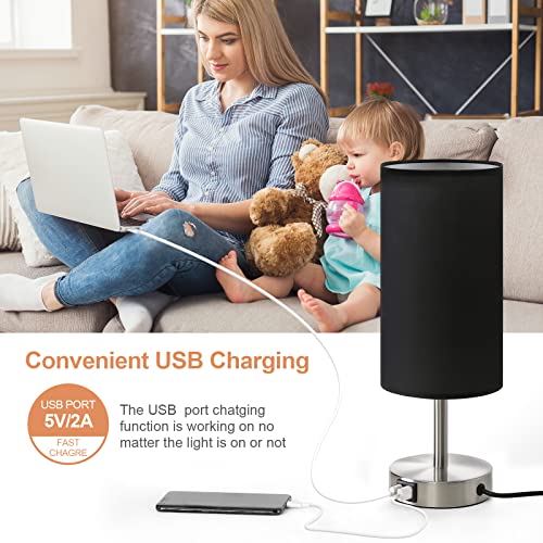 Yarra-Decor Bedside Lamp with USB Port - Touch Control Table Lamp for Bedroom Wood 3 Way Dimmable Nightstand Lamp with Round Black Shade for Living Room, Dorm, Home Office (LED Bulb Included) (Blacl2) - Image 3