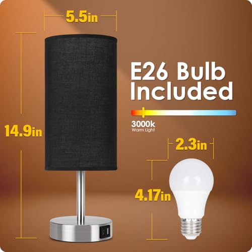 Yarra-Decor Bedside Lamp with USB Port - Touch Control Table Lamp for Bedroom Wood 3 Way Dimmable Nightstand Lamp with Round Black Shade for Living Room, Dorm, Home Office (LED Bulb Included) (Blacl2) - Image 4