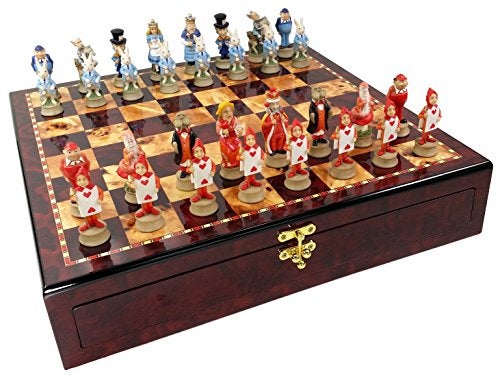 HPL Alice in Wonderland Fantasy Chess Men Set WHigh Gloss Cherry and Burlwood Color Storage Board - Image 1