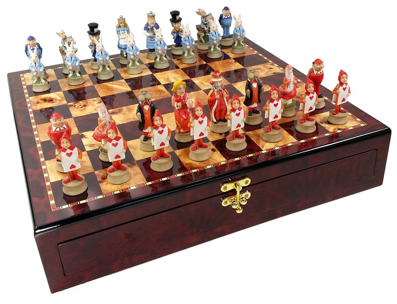 HPL Alice in Wonderland Fantasy Chess Men Set WHigh Gloss Cherry and Burlwood Color Storage Board - Image 3
