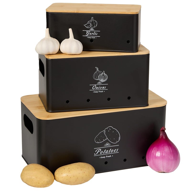 TFUTLT Metal Vegetable Storage Canisters with Bamboo Lids, Set of 3, Kitchen Pantry Organizers for Potato Onion Garlic, Stackable (BLACK) - Image 1