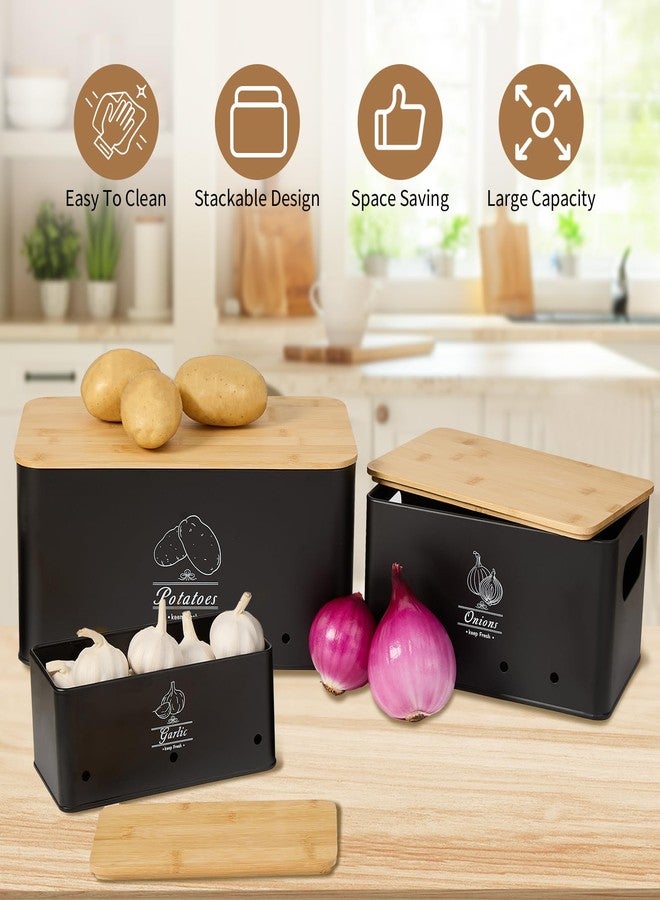 TFUTLT Metal Vegetable Storage Canisters with Bamboo Lids, Set of 3, Kitchen Pantry Organizers for Potato Onion Garlic, Stackable (BLACK) - Image 5
