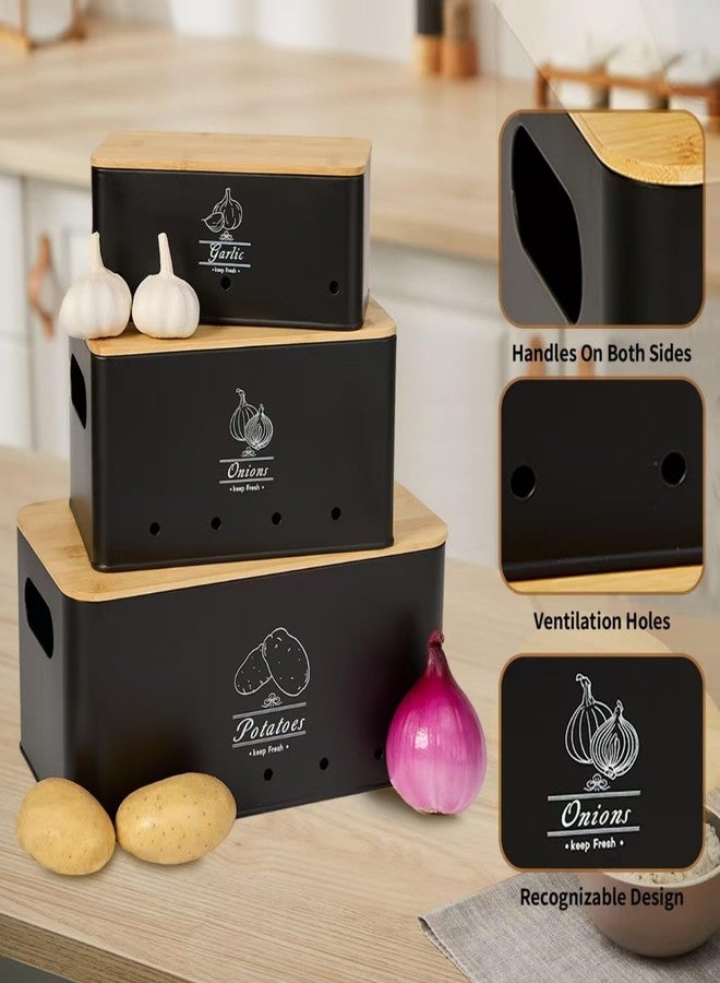 TFUTLT Metal Vegetable Storage Canisters with Bamboo Lids, Set of 3, Kitchen Pantry Organizers for Potato Onion Garlic, Stackable (BLACK) - Image 2