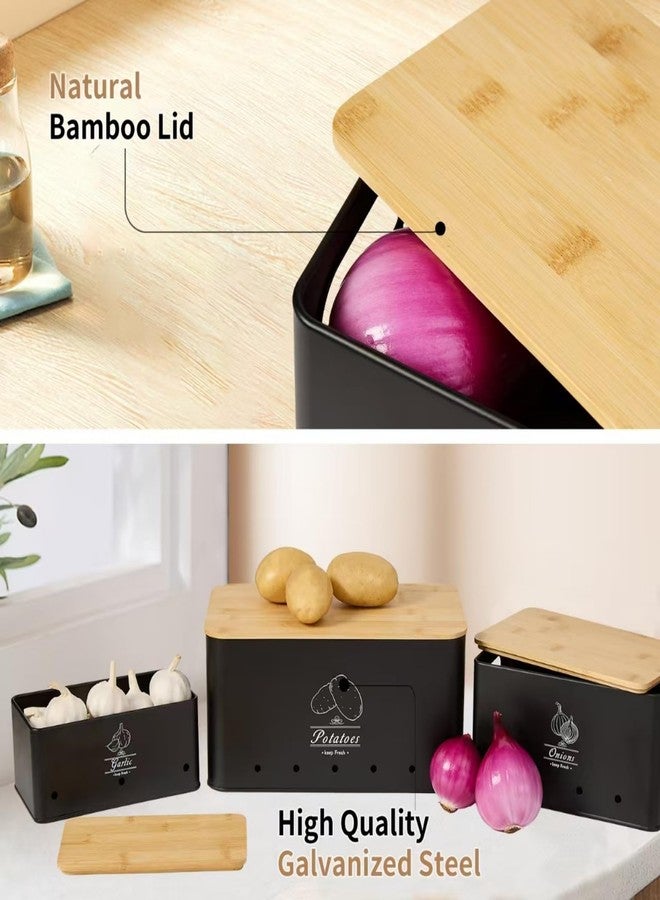 TFUTLT Metal Vegetable Storage Canisters with Bamboo Lids, Set of 3, Kitchen Pantry Organizers for Potato Onion Garlic, Stackable (BLACK) - Image 4