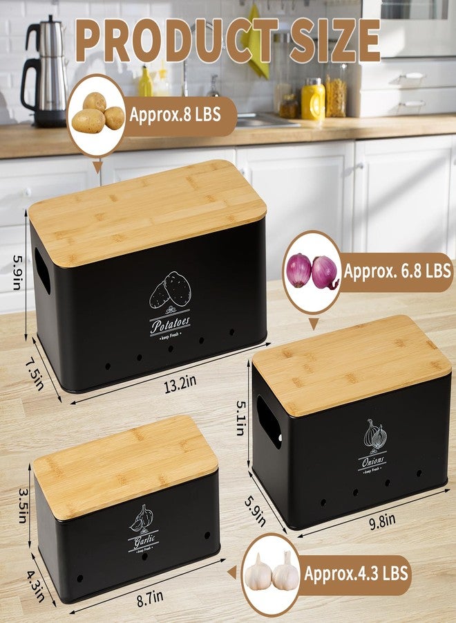 TFUTLT Metal Vegetable Storage Canisters with Bamboo Lids, Set of 3, Kitchen Pantry Organizers for Potato Onion Garlic, Stackable (BLACK) - Image 3