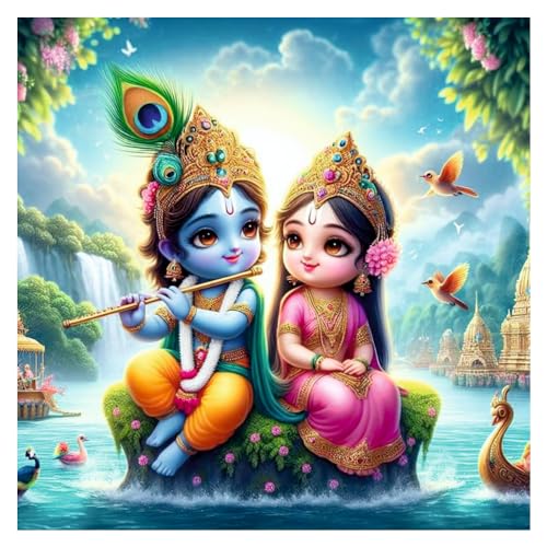 Decals Creation Blue Little Krishna Feather With Radha And Sea Wall Poster For Living Room, Kids Room, Office (Size - 41CM X 41CM) - Image 1