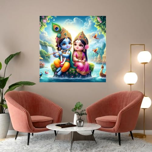 Decals Creation Blue Little Krishna Feather With Radha And Sea Wall Poster For Living Room, Kids Room, Office (Size - 41CM X 41CM) - Image 3