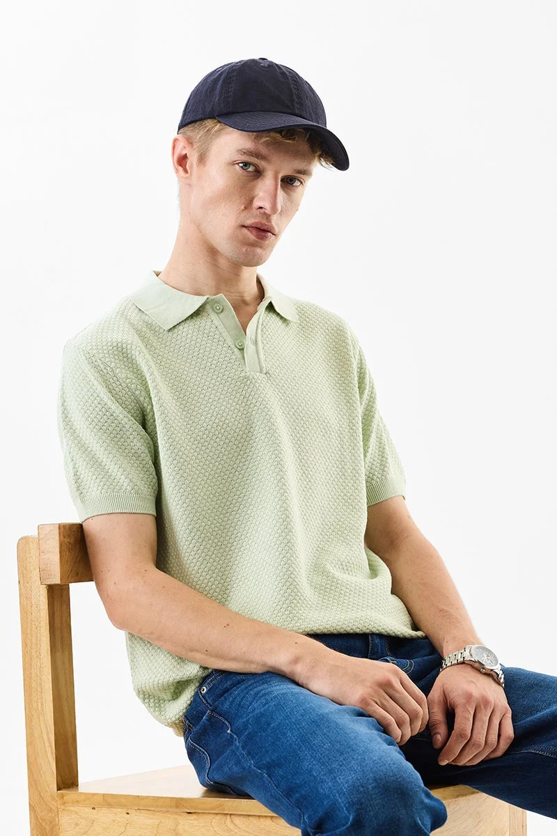 SNITCH Pastel Green Textured Half Sleeve Slim Fit T-Shirt