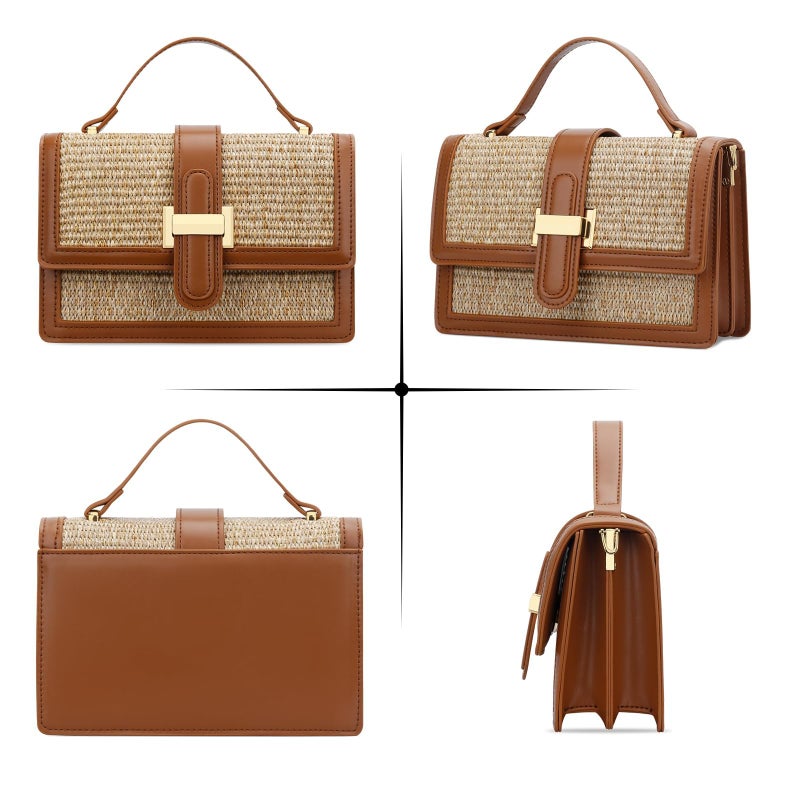 KKXIU Top Handle Straw Purse for Women, Summer Straw Crossbody Bag, Handbag Shoulder Clutch Beach Vacation Bag (A-Brown) - Image 5