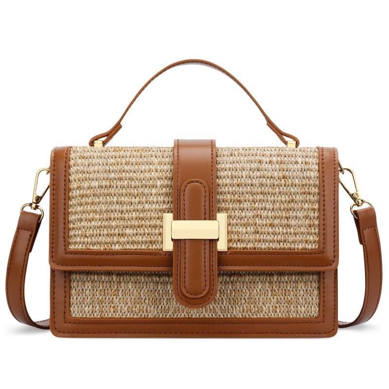 KKXIU Top Handle Straw Purse for Women, Summer Straw Crossbody Bag, Handbag Shoulder Clutch Beach Vacation Bag (A-Brown) - Image 1