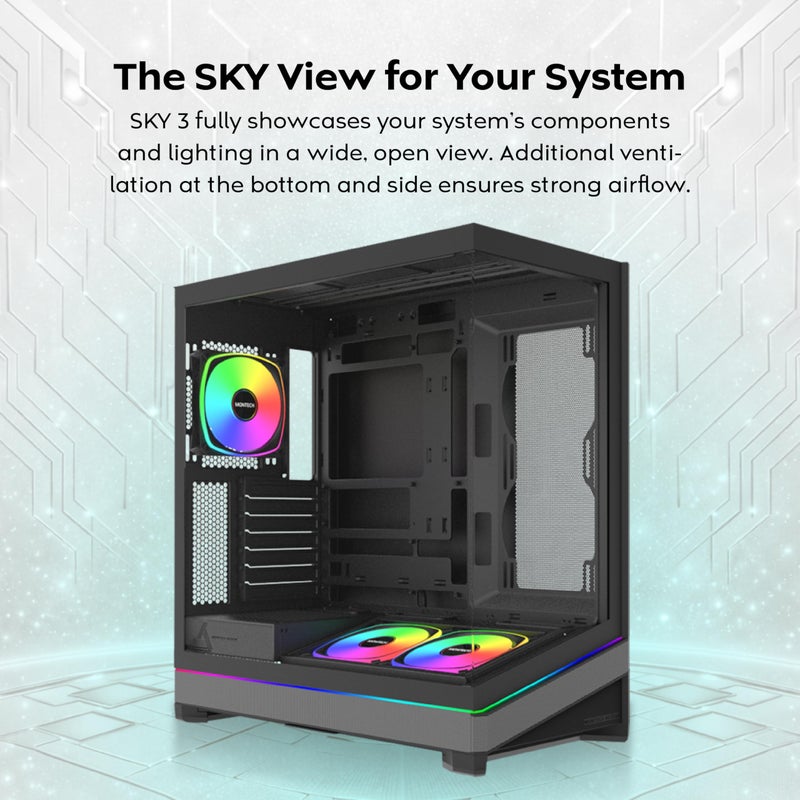 MONTECH Sky 3 ATX PC Case, Panoramic Glass, Adjustable Airflow, Personalized Design, 360mm Radiator Support, 3x120mm ARGB PWM Fans Pre-Installed, Compact Build for Next-Gen GPU, Black (SKY3B) - Image 3