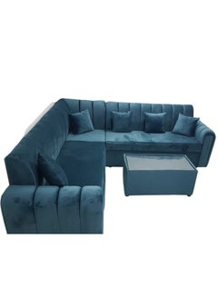 Maharat Al Bahar L-Shaped Velvet Sofa Set, 6-Seater with Cushions & Table, Dark Teal/Blue-Green, 250x80x80 cm  - Image 1