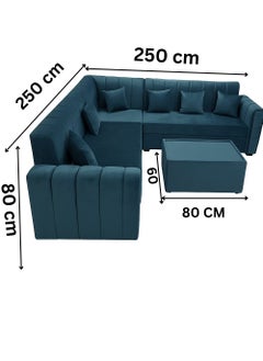 Maharat Al Bahar L-Shaped Velvet Sofa Set, 6-Seater with Cushions & Table, Dark Teal/Blue-Green, 250x80x80 cm  - Image 2