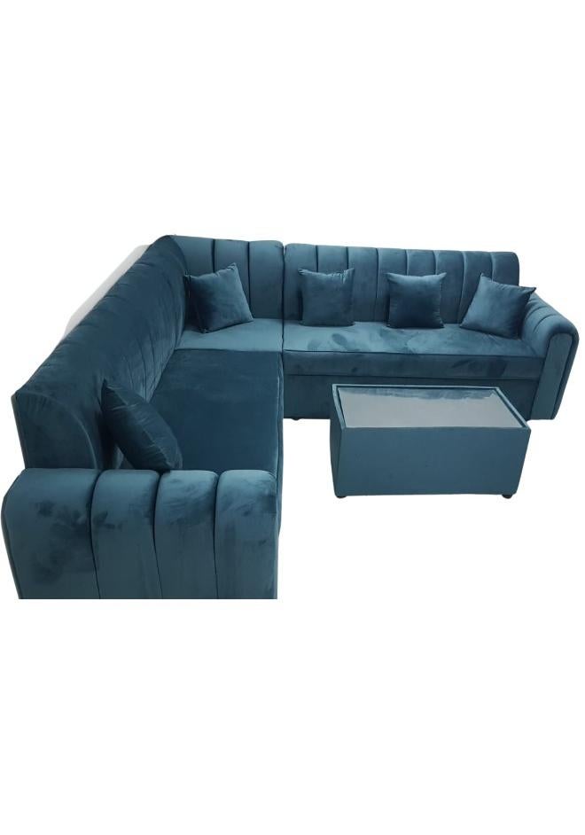 Maharat Al Bahar L-Shaped Velvet Sofa Set, 6-Seater with Cushions & Table, Dark Teal/Blue-Green, 250x80x80 cm - Image 1