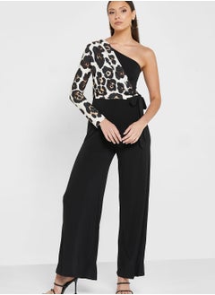 Printed One Shoulder Colorblock Jumpsuit