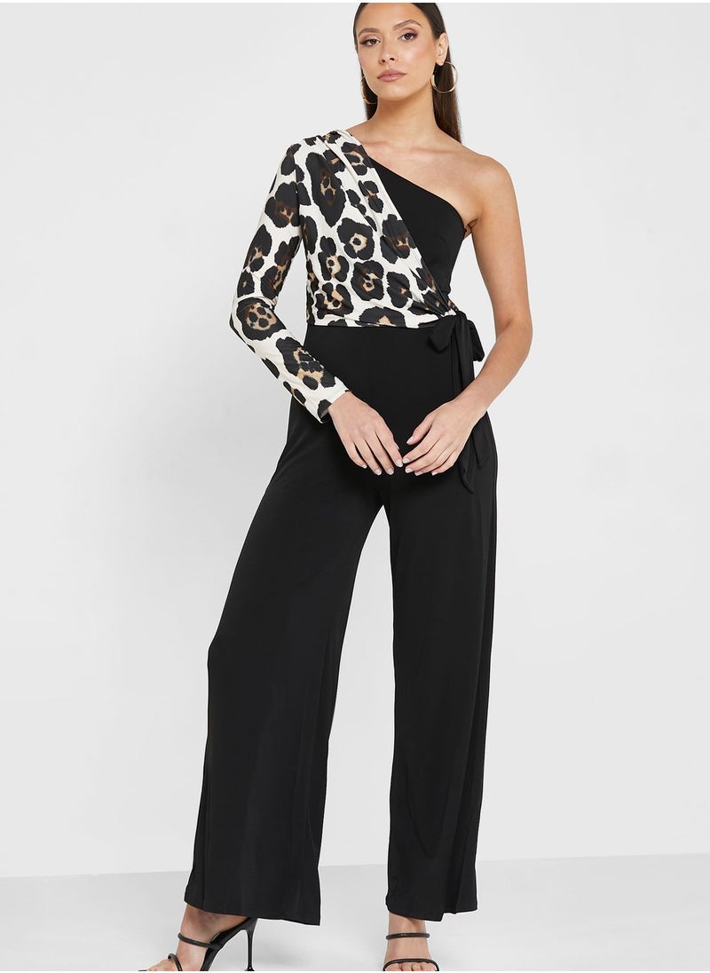 John Zack - Printed One Shoulder Colorblock Jumpsuit - Image 1