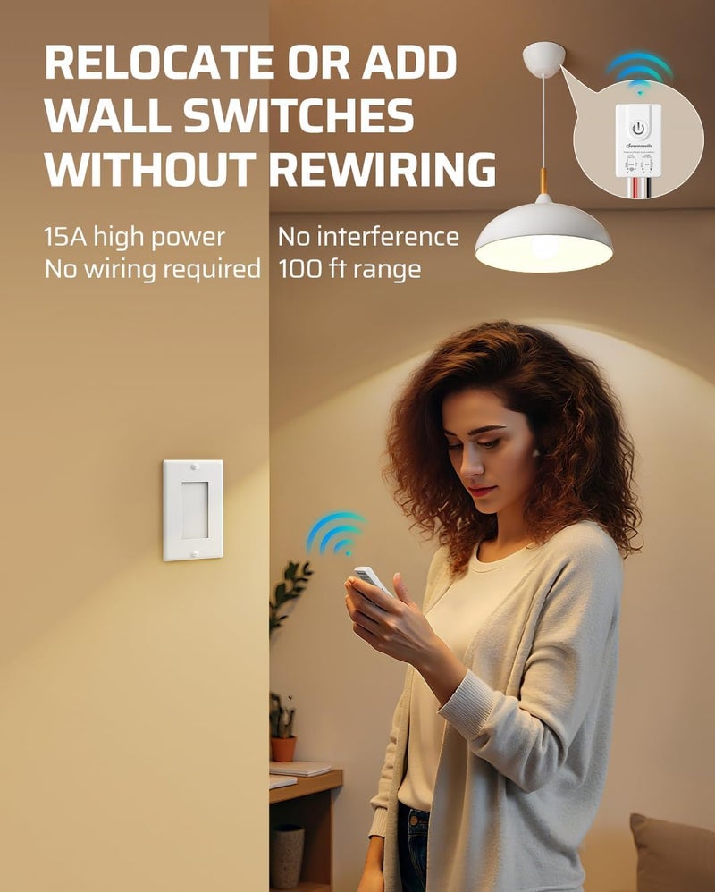 DEWENWILS Wireless Light Switch and Receiver Kit, 15A, No Wiring, No Interference, 100FT Control Range, Remote Light Switches Wireless for Lamp, Ceiling Light, Fan, 2 Transmitter+1 Receiver - Image 2
