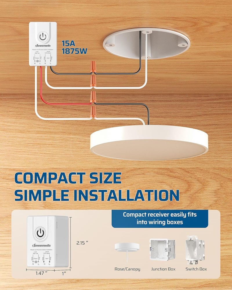 DEWENWILS Wireless Light Switch and Receiver Kit, 15A, No Wiring, No Interference, 100FT Control Range, Remote Light Switches Wireless for Lamp, Ceiling Light, Fan, 2 Transmitter+1 Receiver - Image 4