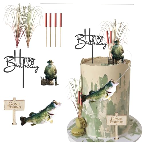 ChoJoy Gone Fishing Cake Topper Fish Birthday Decoration with Angler Fish Cattail Set for Fishing Themed Birthday Party - Image 1