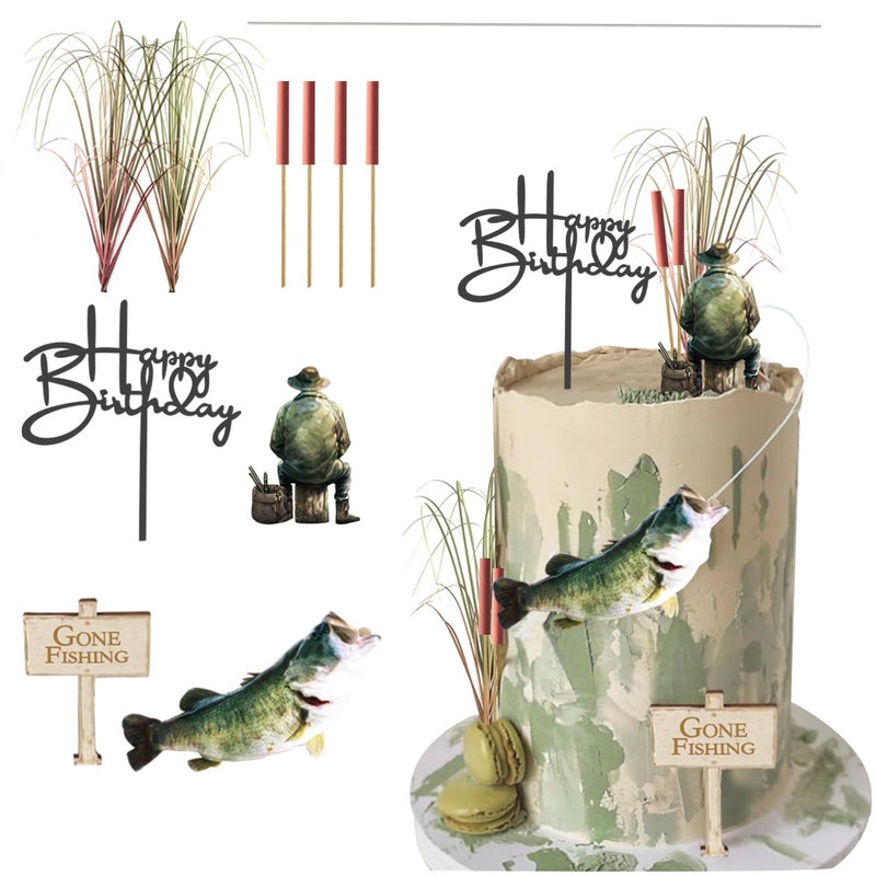 ChoJoy Gone Fishing Cake Topper Fish Birthday Decoration with Angler Fish Cattail Set for Fishing Themed Birthday Party - Image 2