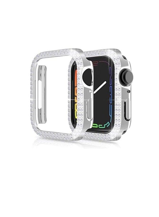 Case Compatible with Apple Watch Series 7 45mm Cover, Double Row Bling Crystal Diamonds Protective Cover PC Plated Bumper Frame Accessories (Silver, 45mm) - Image 1
