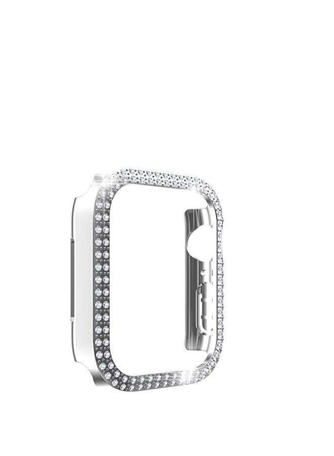 Case Compatible with Apple Watch Series 7 45mm Cover, Double Row Bling Crystal Diamonds Protective Cover PC Plated Bumper Frame Accessories (Silver, 45mm) - Image 2