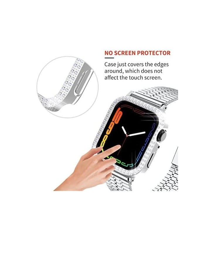 Case Compatible with Apple Watch Series 7 45mm Cover, Double Row Bling Crystal Diamonds Protective Cover PC Plated Bumper Frame Accessories (Silver, 45mm) - Image 4