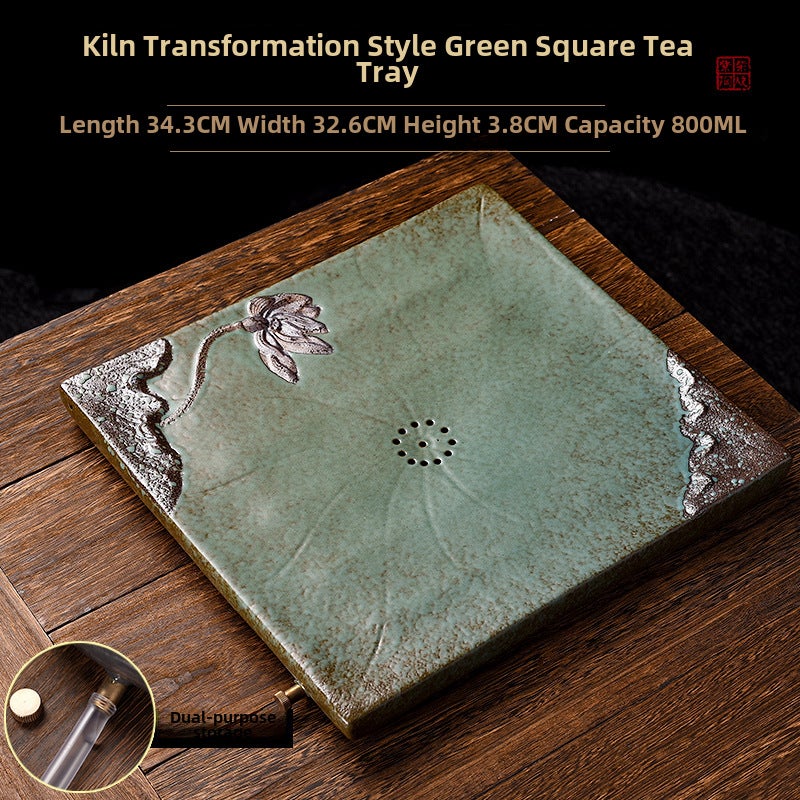 Household Creative Dry Soaking Table Japanese Style Simple Ceramic Tea Tray Lotus Kung Fu Tea Set Tray Coarse Pottery Water Storage Small Tea TableKiln Change-Style Green Square Lian Tea Plate [With Drain Pipe]] Kiln Change-Style Green Square Lian Tea Plate [With Drain Pipe]] 
