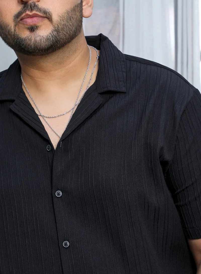 Instafab Plus  Instafab Plus Men's Charcoal Black Tactile-Striped Resort Shirt For Casual Wear | Cuban Collar | Short Regular Sleeves | Button Closure | Plus-Size Shirt Crafted With Comfort Fit For Everyday Wear for Men | Best Price UAE