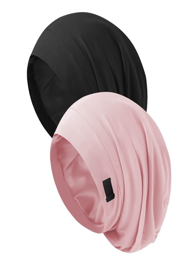 ZHENSILK Silk Bonnet for Sleeping Women, Adjustable Silky Satin Lined Sleep Cap, Silk Hair Wrap for Sleep Night Cap for Natural Curly Hair 2PCS(Black&Pink) - Image 1