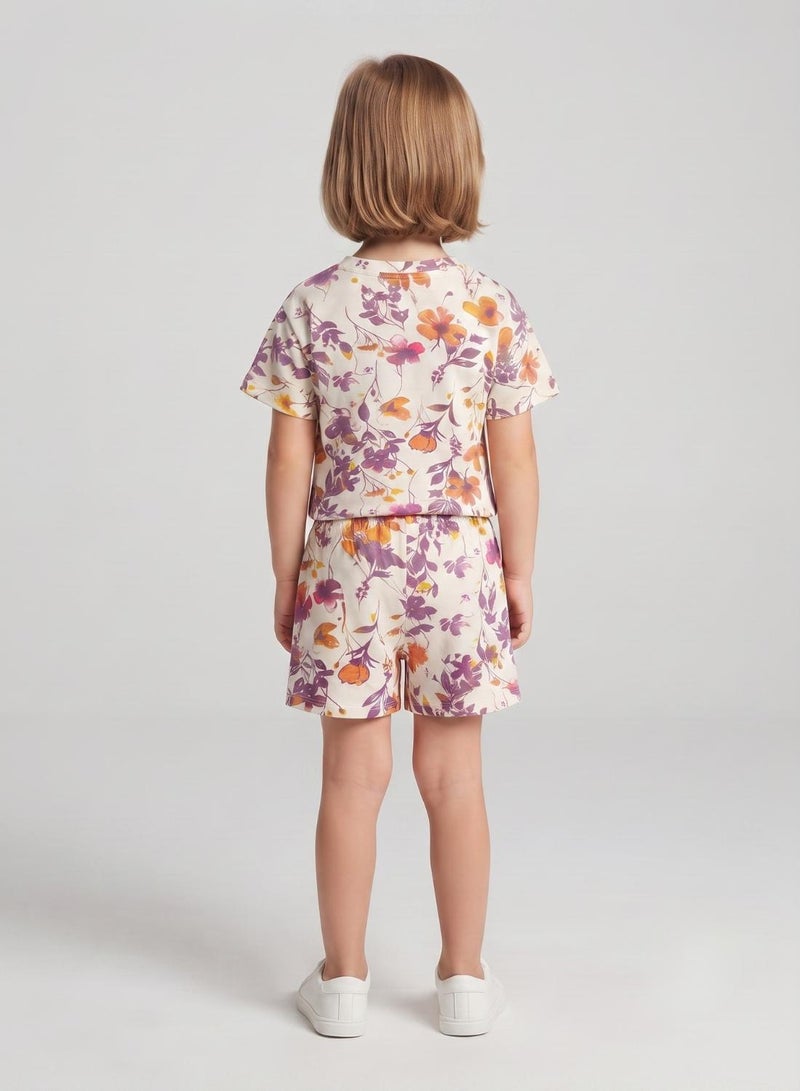 babyqlo Girls White Floral Print T-Shirt and Shorts Set - Image 2