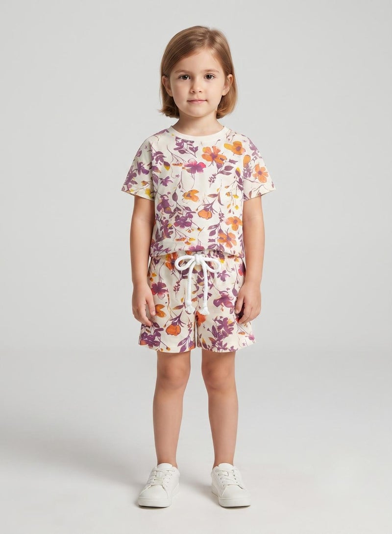 babyqlo Girls White Floral Print T-Shirt and Shorts Set - Image 1