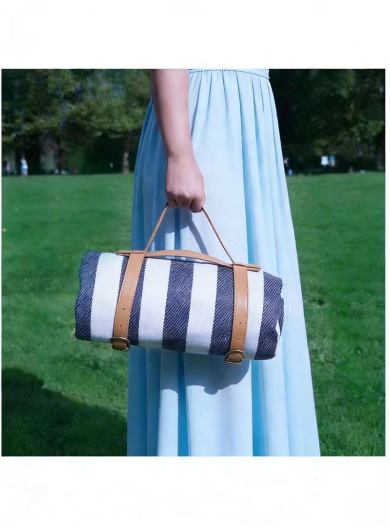 Large Size 200 x 200cm  Foldable Picnic Blanket,Waterproof Beach Blanket,Outdoor Picnic Mat, Portable Picnic Mat Waterproof Picnic Blanket,3 Layered Foldable,Ideal for Camping,Parks,Beaches,Grasslands(Blue with White Stripes) - Image 2