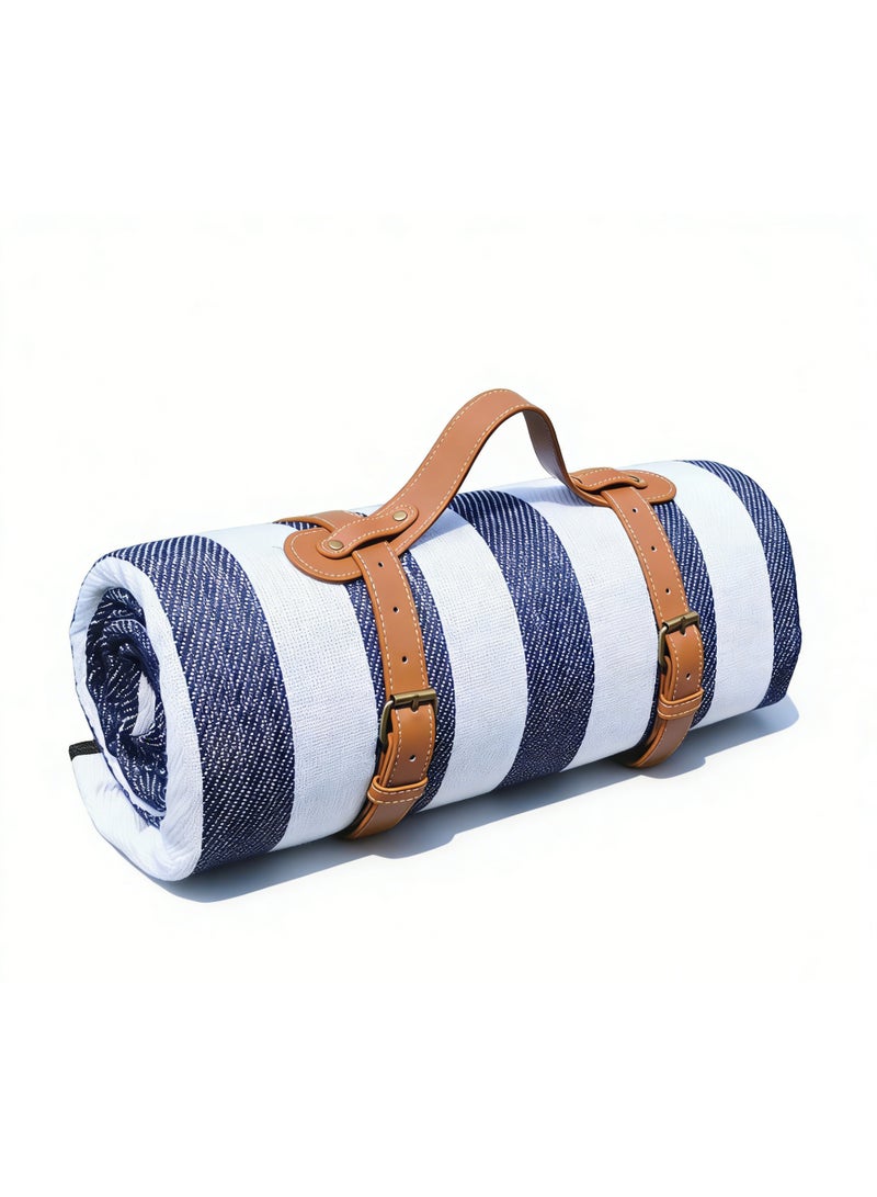 Large Size 200 x 200cm  Foldable Picnic Blanket,Waterproof Beach Blanket,Outdoor Picnic Mat, Portable Picnic Mat Waterproof Picnic Blanket,3 Layered Foldable,Ideal for Camping,Parks,Beaches,Grasslands(Blue with White Stripes) - Image 1