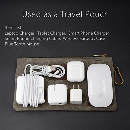 diodrio All Purpose Utility Zipper Pouch, EDC Organizer, Water Resistant, Durable Waxed Canvas with Full Grain Leather, Carabiner, Inner Pockets, Office Work Essentials, Charger Case, Pencil Case. Olive. - Image 5