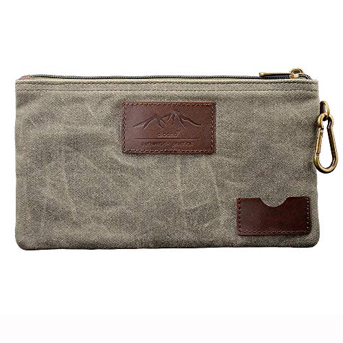 diodrio All Purpose Utility Zipper Pouch, EDC Organizer, Water Resistant, Durable Waxed Canvas with Full Grain Leather, Carabiner, Inner Pockets, Office Work Essentials, Charger Case, Pencil Case. Olive. - Image 1