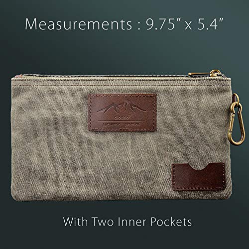 diodrio All Purpose Utility Zipper Pouch, EDC Organizer, Water Resistant, Durable Waxed Canvas with Full Grain Leather, Carabiner, Inner Pockets, Office Work Essentials, Charger Case, Pencil Case. Olive. - Image 2