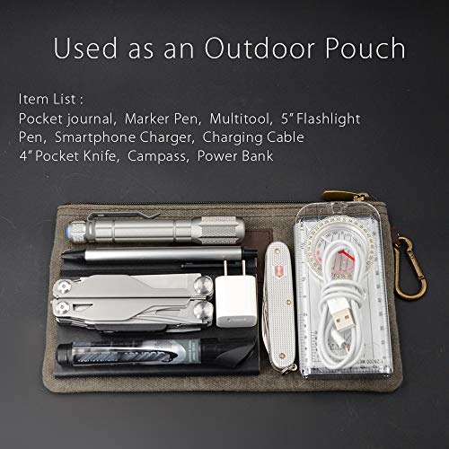 diodrio All Purpose Utility Zipper Pouch, EDC Organizer, Water Resistant, Durable Waxed Canvas with Full Grain Leather, Carabiner, Inner Pockets, Office Work Essentials, Charger Case, Pencil Case. Olive. - Image 4