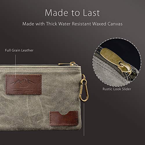 diodrio All Purpose Utility Zipper Pouch, EDC Organizer, Water Resistant, Durable Waxed Canvas with Full Grain Leather, Carabiner, Inner Pockets, Office Work Essentials, Charger Case, Pencil Case. Olive. - Image 3