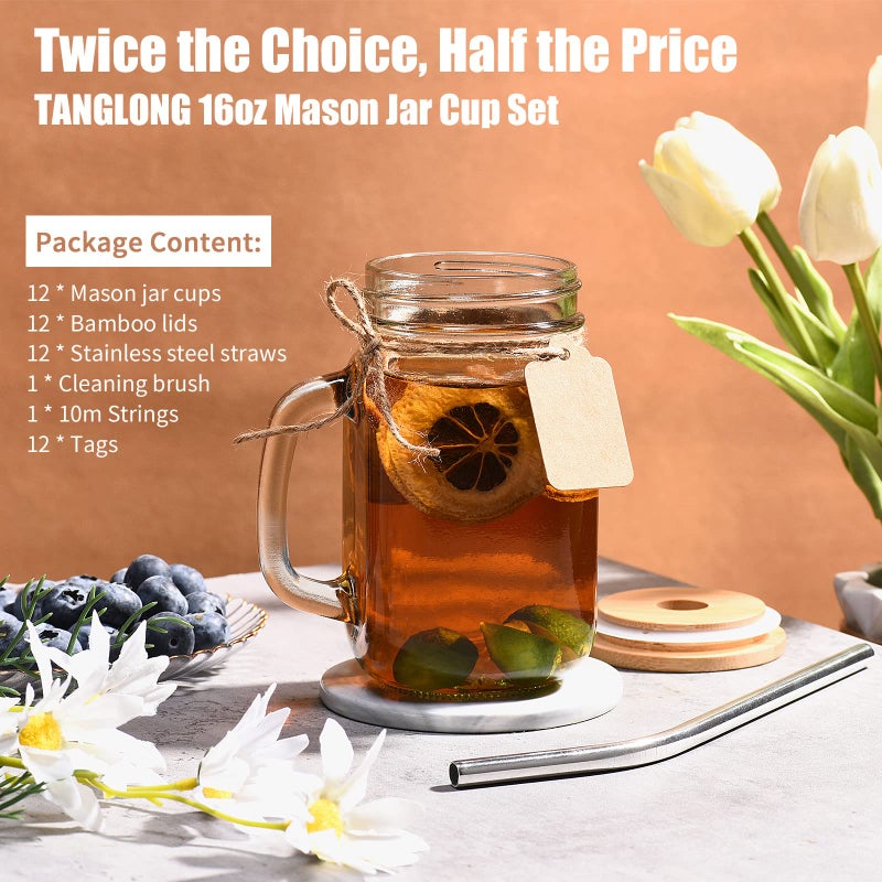 TANGLONG Mason Jar with Lid and Straw, Mason Jar Cups,Mason Jar Drinking Glasses,16 oz Mason Jars with Handle,Mason Jar Glasses Set of 12 - Image 2