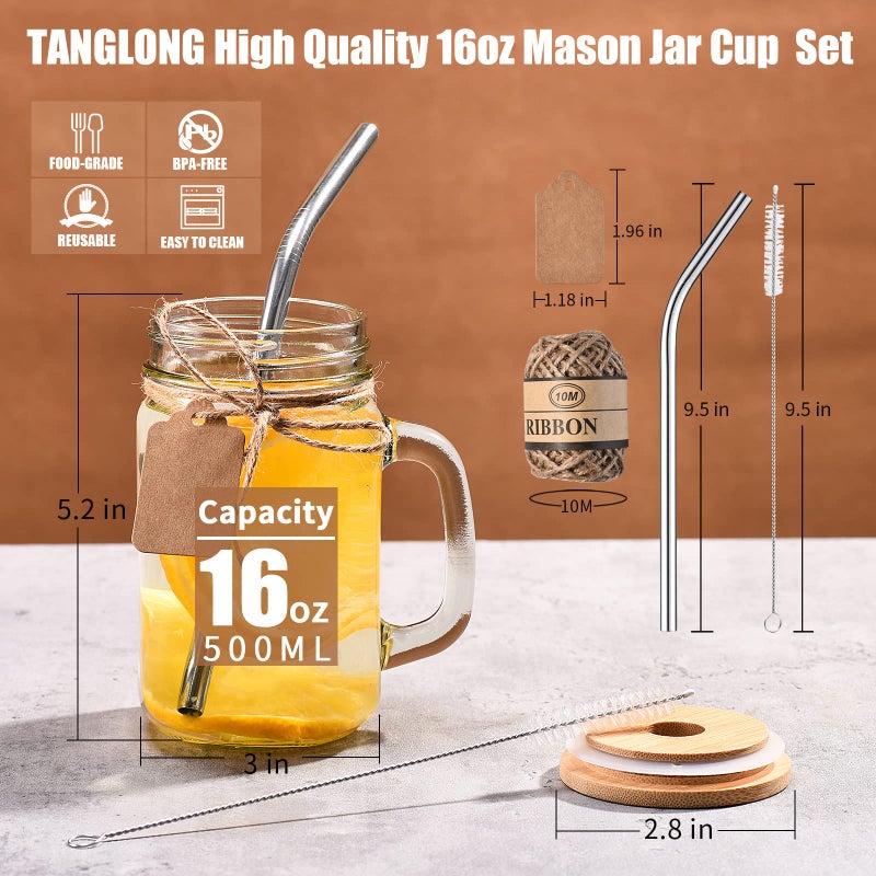 TANGLONG Mason Jar with Lid and Straw, Mason Jar Cups,Mason Jar Drinking Glasses,16 oz Mason Jars with Handle,Mason Jar Glasses Set of 12 - Image 3