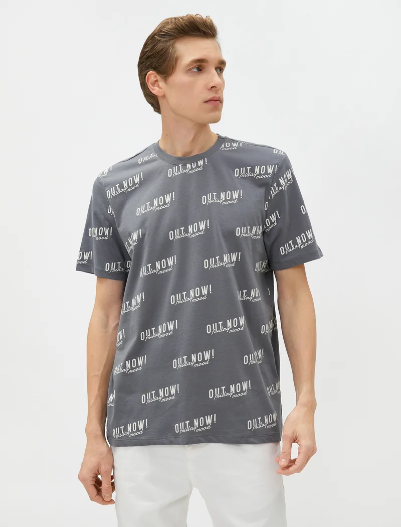 KOTON Slogan Printed T-Shirt Crew Neck Short Sleeve Cotton