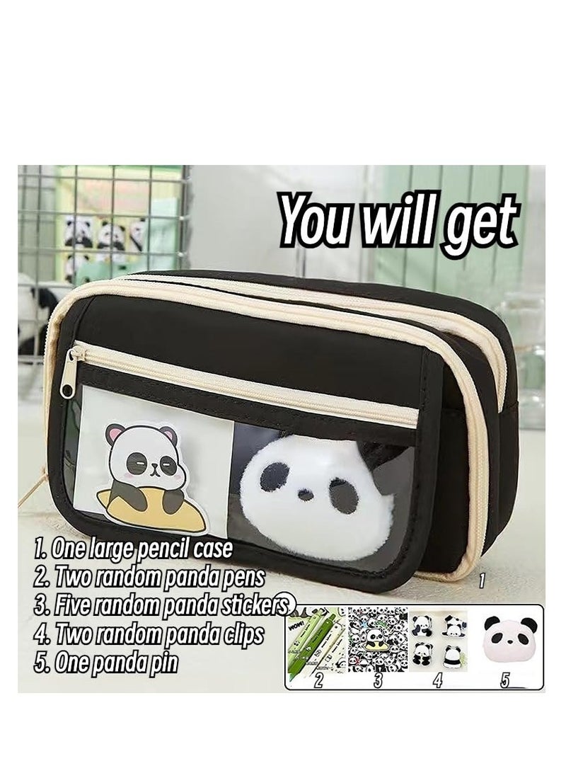 Zikra Cute Panda Pencil Case Set, 10Pcs Large Capacity Aesthetic Pencil Pouch for Adults, Kawaii Zipper Pen Bag with Gel Ink Pens, Clips, Stickers, and Pins (Black) - Image 2