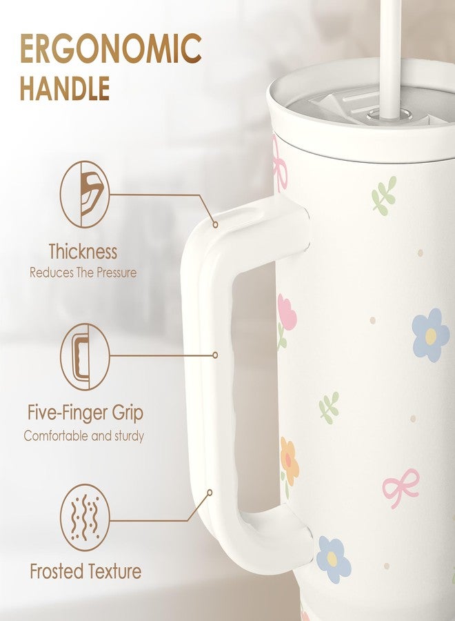 SANDJEST Floral 40oz Slider Tumbler with Handle and Straw - Insulated Stainless Steel Travel Coffee Mug for Women Girls, Gift for Birthday Christmas - Image 3